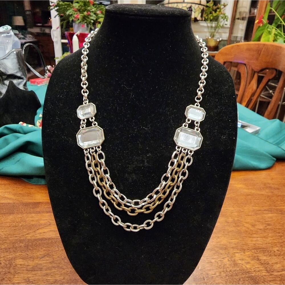 Ann‎ Taylor Mixed Metal Triple Strand Emerald Cut Clear Stone Statement Necklace